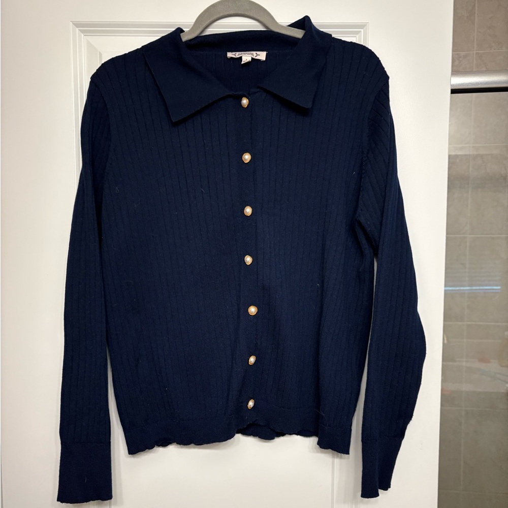 Nanette Lepore Navy Blue Faux Pearl Collared Cardigan size large